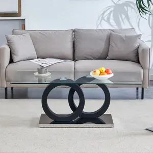 Modern Glass Coffee Table, 47 Inch Rectangular Clear Tempered Glass Top MDF Base, Minimalist Living Room Center Table with Unique Circular Support, Easy Assembly, for Apartment Lounge Office, Black