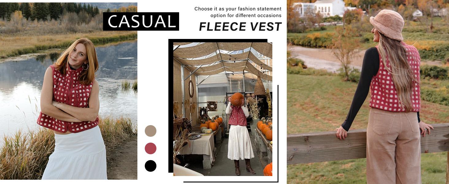 YeeZaa Checkered Sherpa Vest Sleeveless 2025 TikTokShopHolidayHaul Christmas Fall Winter Fleece Jacket TikTokShopBlackFriday High Neck Zip Up Plaid Gilet Top Crochet Collared Autumn Checker Vest with Chest Pocket