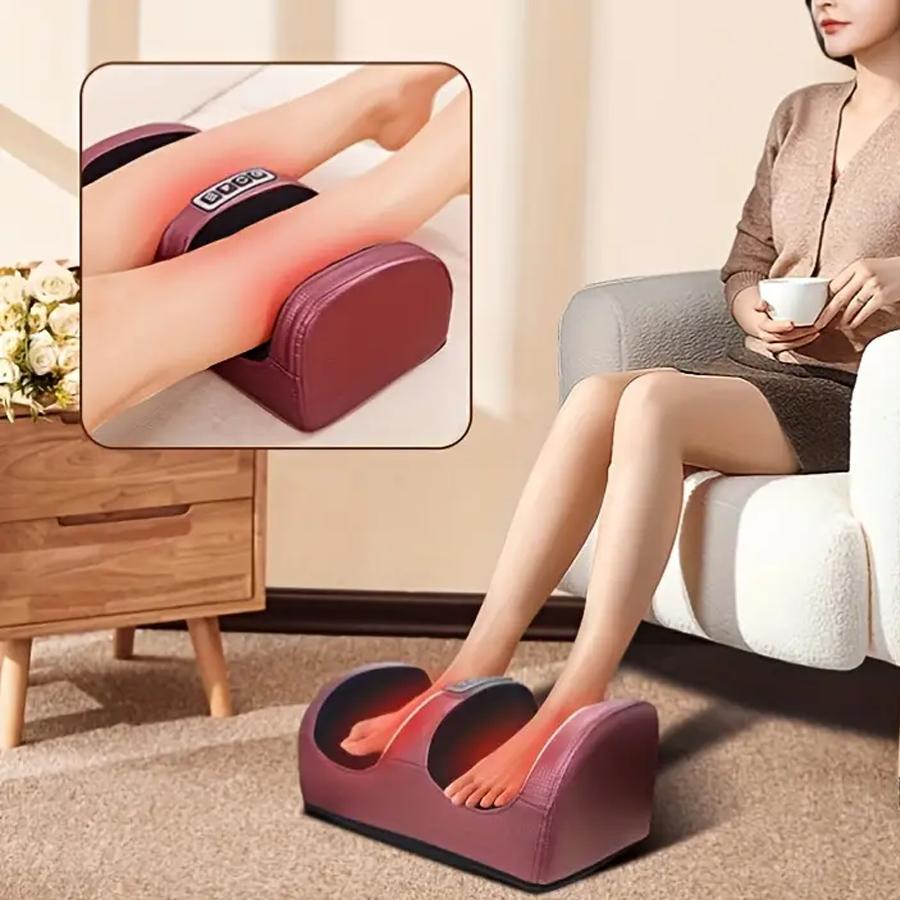 Fully automatic foot massager with heating rollers for massaging and kneading the feet and calves. Portable and suitable for home use.