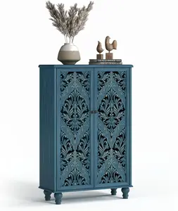 47" Boho Farmhouse Accent Cabinet Navy Blue Mandala Carved Doors Solid Wood Legs 100lbs Storage Sideboard for Entryway Living Room Coffee Bar