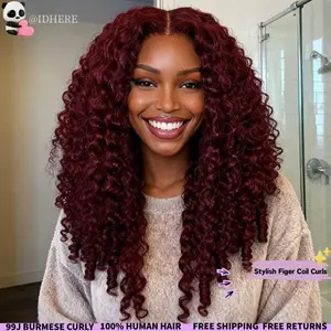 [100% Human Hair Wig] IDHERE Burmese Curly #99J Burgundy Red Wig 250% Density Human Hair for Women Lace Frontal Wigs 100% Human Hair 5×5 Glueless Wig HD Lace Pixie Curly Figer Coiling Curls