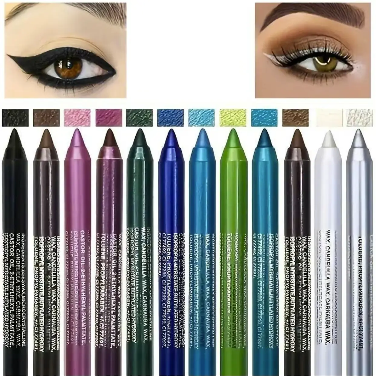 12-Color Eyeliner Pencils with Complimentary Pen Sharpener, Long Wear Waterproof Eye Makeup Supplies, Multicolor Matte Lipliner, Smooth Metallic Glitter High Shine Pearl Cosmetic Product for Smoky Punk Goth Looks
