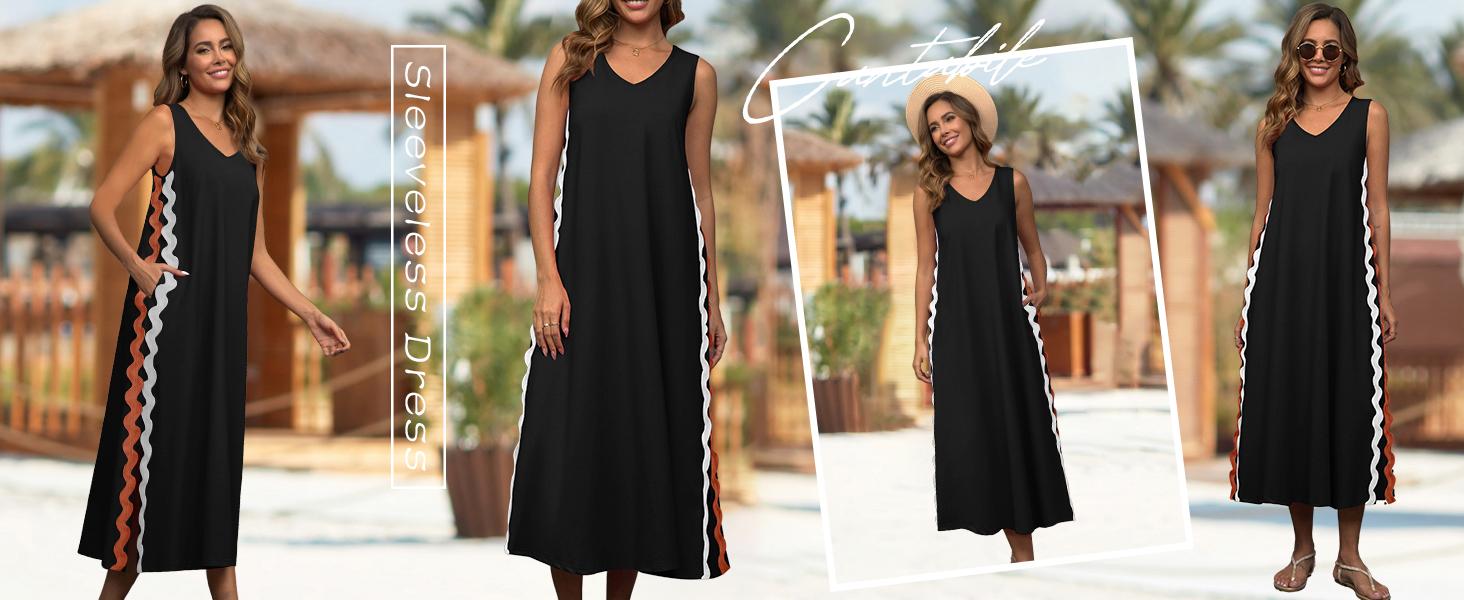 Ebossy Women's Summer Beach Boho Flowy Maxi Dress Casual Sleeveless V Neck Side Slit RIC Rac Tank Dress