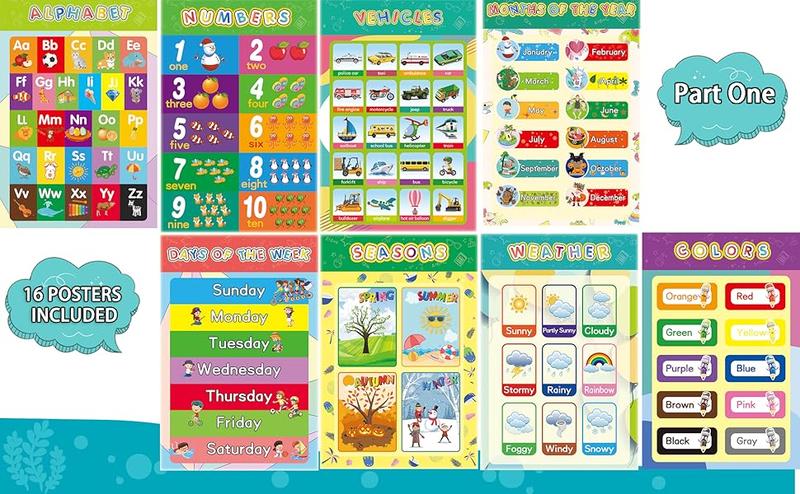 16 Boho Educational Posters for Toddlers Classroom and Teacher Decor for Kids, Perfect for Ages 1-5, Ideal for Elementary and Boho-Themed Rooms.
