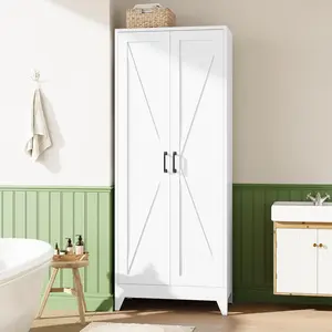 Letaya 75" H Metal Storage Cabinet with 2 Doors & 4 Shelves Tall Kitchen Pantry Cabinets Farmhouse Utility Organizers for Cupboard Dining Bathroom Home Office Garage White Black Heavy-Duty 0.89mm Steel Construction