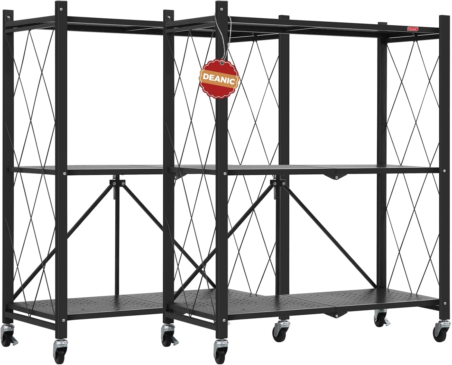 3 Tier Foldable Storage Shelves with Wheels Freestanding Metal Wire Shelf Rack for Kitchen Garage Basement Pantry Black Pack of 2 No Assembly Organizer Rolling Cart