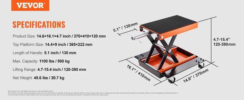 VEVOR Motorcycle Lift, TikTokShopBlackFriday, 1100 LBS Motorcycle Lift ATV Scissor Lift Jack with Dolly & Hand Crank, Center Hoist Crank Stand with Wide Deck & Tool Tray for Street Bikes, Cruiser Bikes, Touring Motorcycles