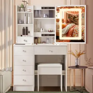 White Dressing Table with Sliding Dimmer LED Mirror,Dresser with 6 Drawers and Crystal Handle ,Makeup Desk with 6 Shelves and Soft Stool ,For Bedroom,Gift ,Lover
