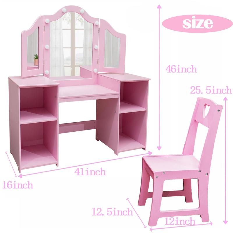 【GARVEE】Princess Vanity Table & Chair Set with 2-in-1 Design, Touch Light, Detachable Tri-Folding Mirror, Open Storage Shelves, Wood Makeup Playset, Easy Assembly, Pink