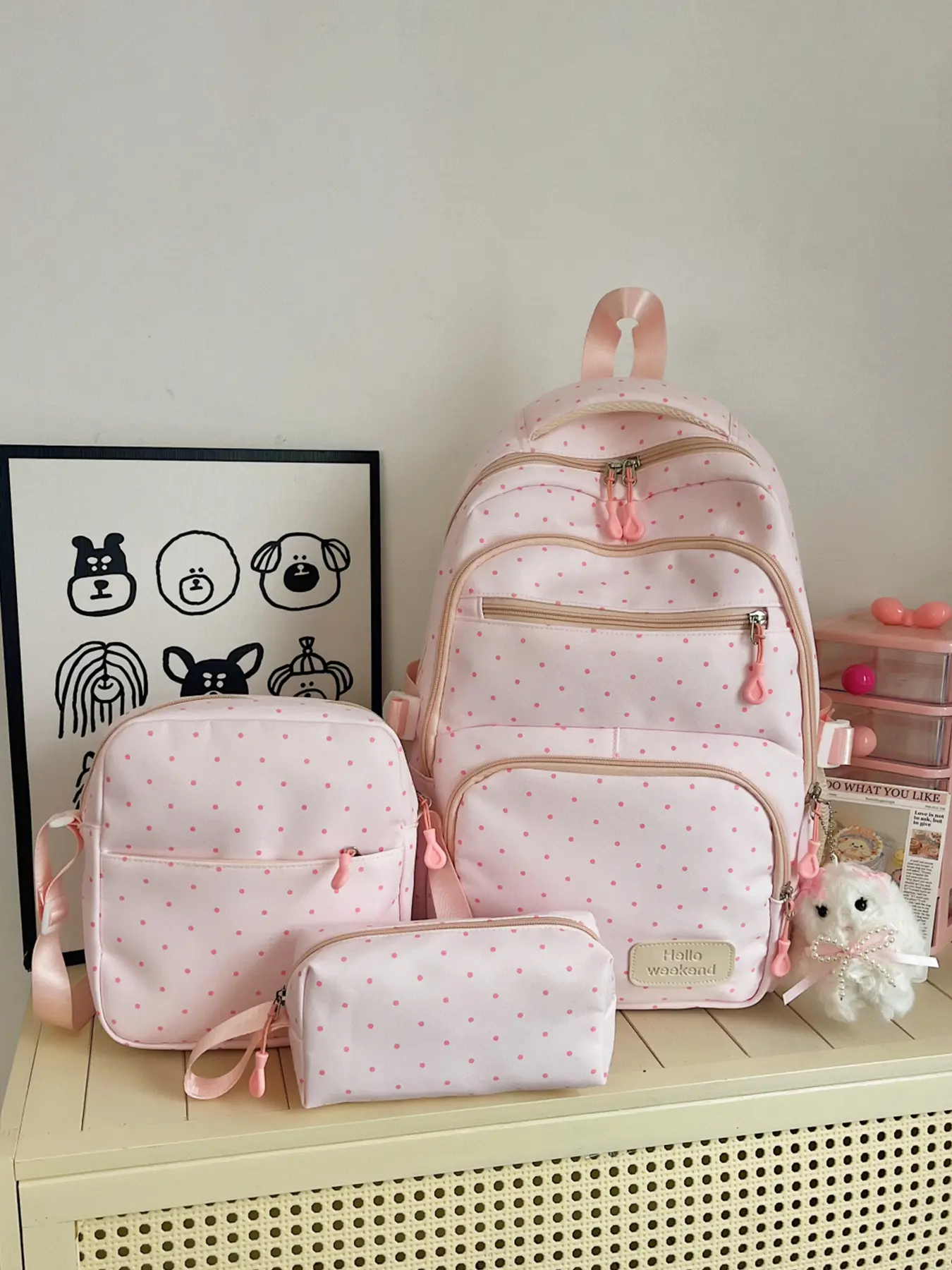 3-Piece Women's Polka Dot Backpack Set, Large Capacity Casual Bookbag with Crossbody Bag & Pencil Pouch, Zipper Closure, Cute Pendant, for School, Campus & Daily Use