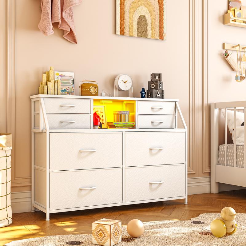 【Vanity sideboard】Raybee 8 Drawers Mini Dresser for Bedroom,Dorm & Attic's Dresser with Built-In Charging Station and LED, Sturdy Chest of Drawers with Two Open Shelves for Storage,Hides all your clutter to keep you organized & your vibe on point