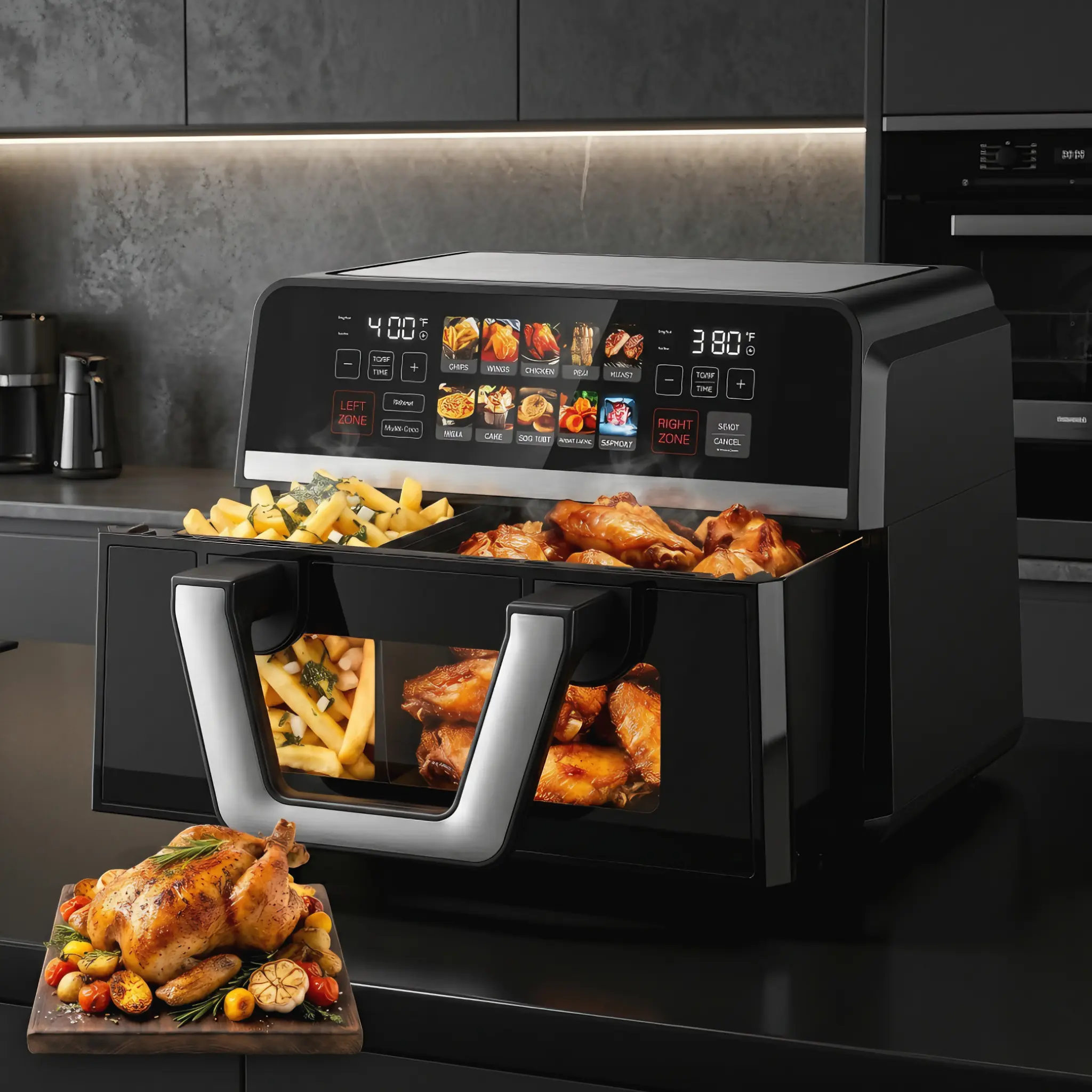 10QT Dual Zone Air Fryer Oven - Family-Size Corded Countertop Kitchen Appliance, 1600W Dual Baskets with Sync Finish, 10 Smart Digital Settings, Viewing Window, Adjustable 100°F–400°F Temperature Control for Healthy Oil-Less Cooking