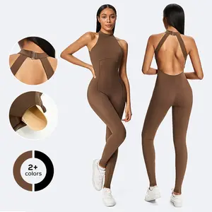 Women's Jumpsuit Fitted Seamless Ribbed Compression Activewear for Fitness Workout Gym Wear in Brown & Black