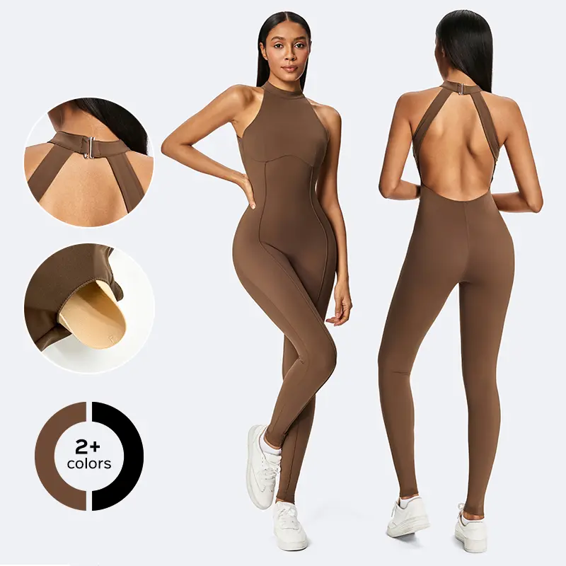 Women's Jumpsuit Fitted Seamless Ribbed Compression Activewear for Fitness Workout Gym Wear in Brown & Black