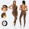 Women's Fitted Seamless Ribbed Abdomen Control Adjustable High Elasticity Breathable Fitness Yoga Jumpsuit - Athletic Activewear with Removable Pads for Gym Training (Brown, Black)