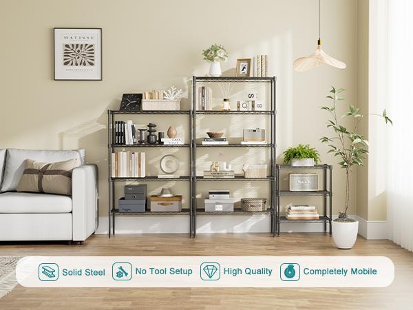 5-Tier Metal Wire Storage Shelves, Adjustable Standing Storage Rack Shelf, Heavy Duty Steel Shelving Unit Organizers for Kitchen Bathroom Pantry Garage, 23.3" W×13.4" D×60" H, Black