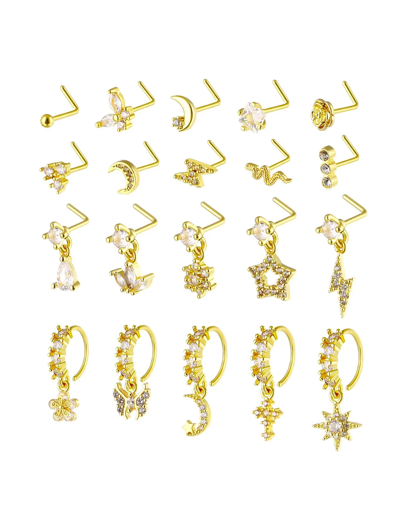 8/10/20 Pieces 20g Dangle Nose Ring, L-Shaped Hanging Stud, Nose Hoops, Stainless Steel, Cz Flower Pendant, Women's Nose Jewelry, All Seasons