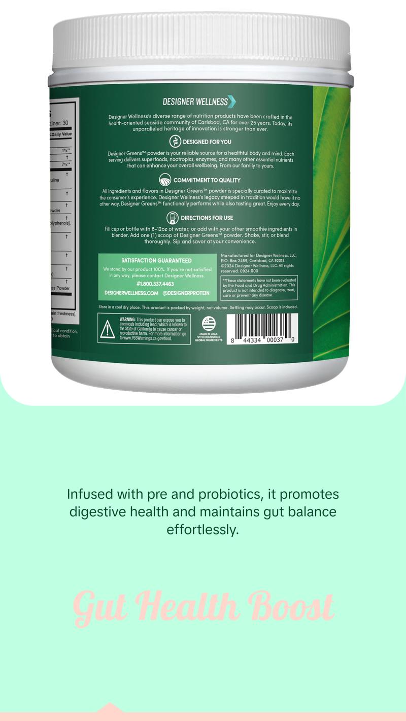 Designer Wellness, Designer Greens Superfood Powder with Prebiotics, Probiotics, Antioxidants, and Detox Support, 30 Servings