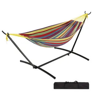 Portable 2 Person Hammock with Heavy-Duty Steel Stand, 475 lbs Capacity Double Hammock, Space-Saving Structure with Carrying Bag, Versatile for Indoor, Outdoor, Patio, Lawn & Garden Use, Patio Furniture Summervibes,Party gift, Outdoor Patio Furnitu