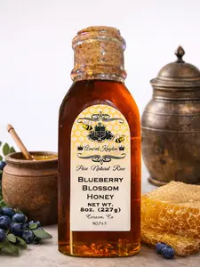 The Armored Kingdom Premium Blueberry Blossom Honey 8oz - Raw & Unfiltered, Infused with Nature's Essence, Versatile Elixir for Tea Lovers & Wellness Seekers - Syrup Flavor Sweet