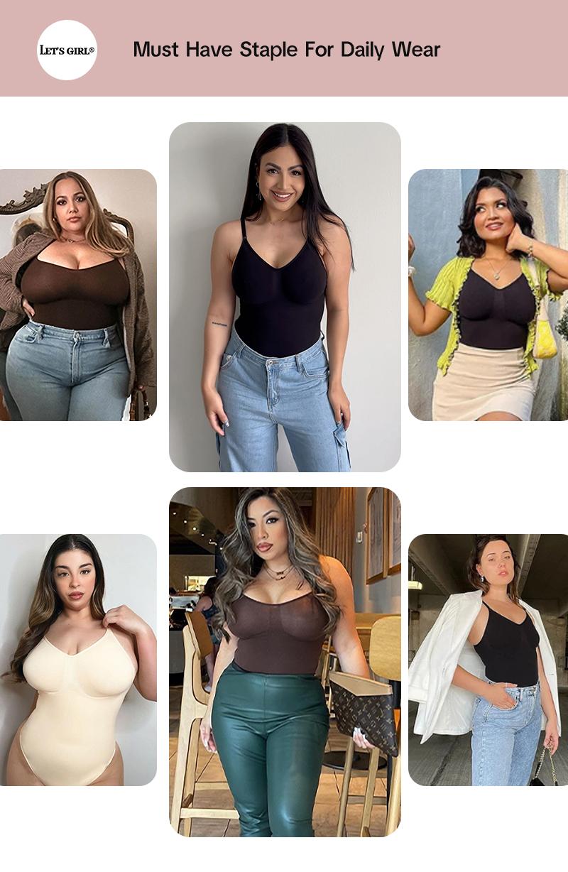 Women's Seamless Sexy Ribbed Bodysuit With Adjustable Spaghetti Straps & Sculpting Thong