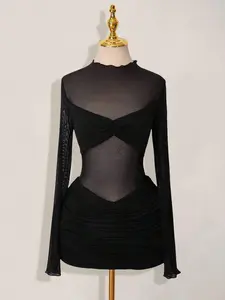 LUNIS Mesh Patchwork Sheer Ruched Long Sleeve Mini Dress Black Sheer Dress