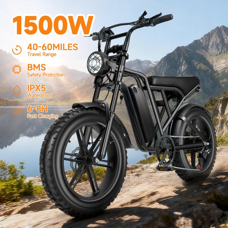 Electric Bike with 1500W Peak Motor, 48V 20Ah Removable Battery, 30 MPH, 40–60 Mile Range, Fat Tires, Full Suspension