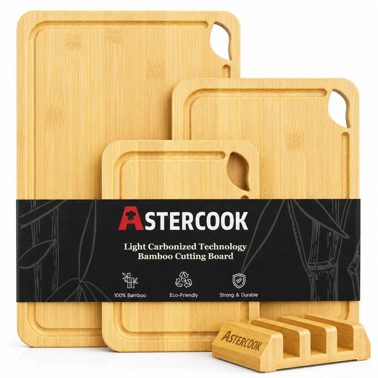 【Summervibes】Astercook 4-Piece Charcoal Bamboo Chopping Board Set with Holder, Juice Groove, Eco-Friendly, Durable for Fruits, Vegetables, Meats