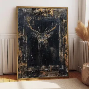 Majestic Dark Stag Poster, Bold Woodland Wildlife Art with Dramatic Black & Gold Texture for Hunters and Rustic Cabin Deco