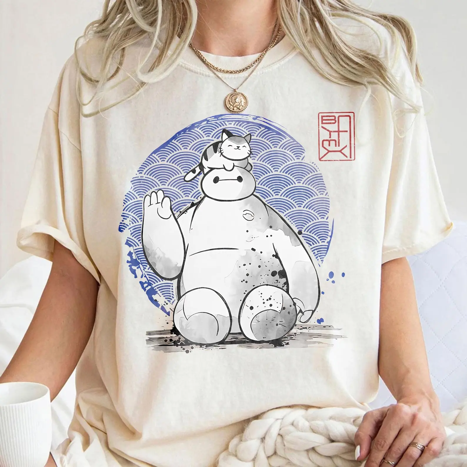 Retro Baymax Japanese Y2k Graphic Tee, Blue Sun Robot & Mochi Cat Anime Youth Shirt, Baymax Anime T-shirt