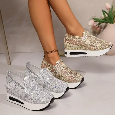 Women's Mesh Slip-On Trending Sneakers - Casual Trainers with Breathable Mesh Fabric, Cloth Upper, Hidden Wedge Thick Sole for Height Increase, Sequin Accents, Low Top for Daily & Outdoor Use