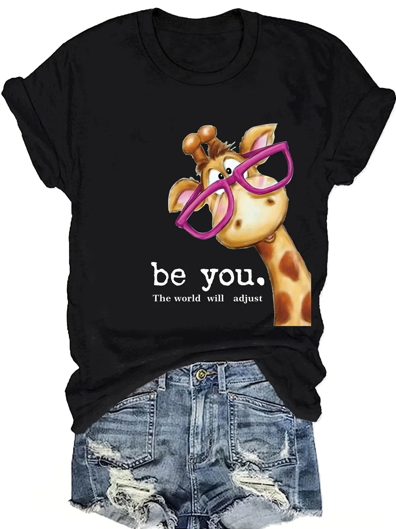 Plus Size, Women' Giraffe Print Short Sleeve T-Shirt - Giraffe Spot Top with Round Neck, Casual Spring Summer Blouse for Casual Attire, Machine Washable & Suitable for Women