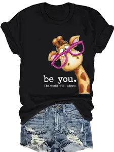 Plus Size, Women' Giraffe Print Short Sleeve T-Shirt - Giraffe Spot Top with Round Neck, Casual Spring Summer Blouse for Casual Attire, Machine Washable & Suitable for Women