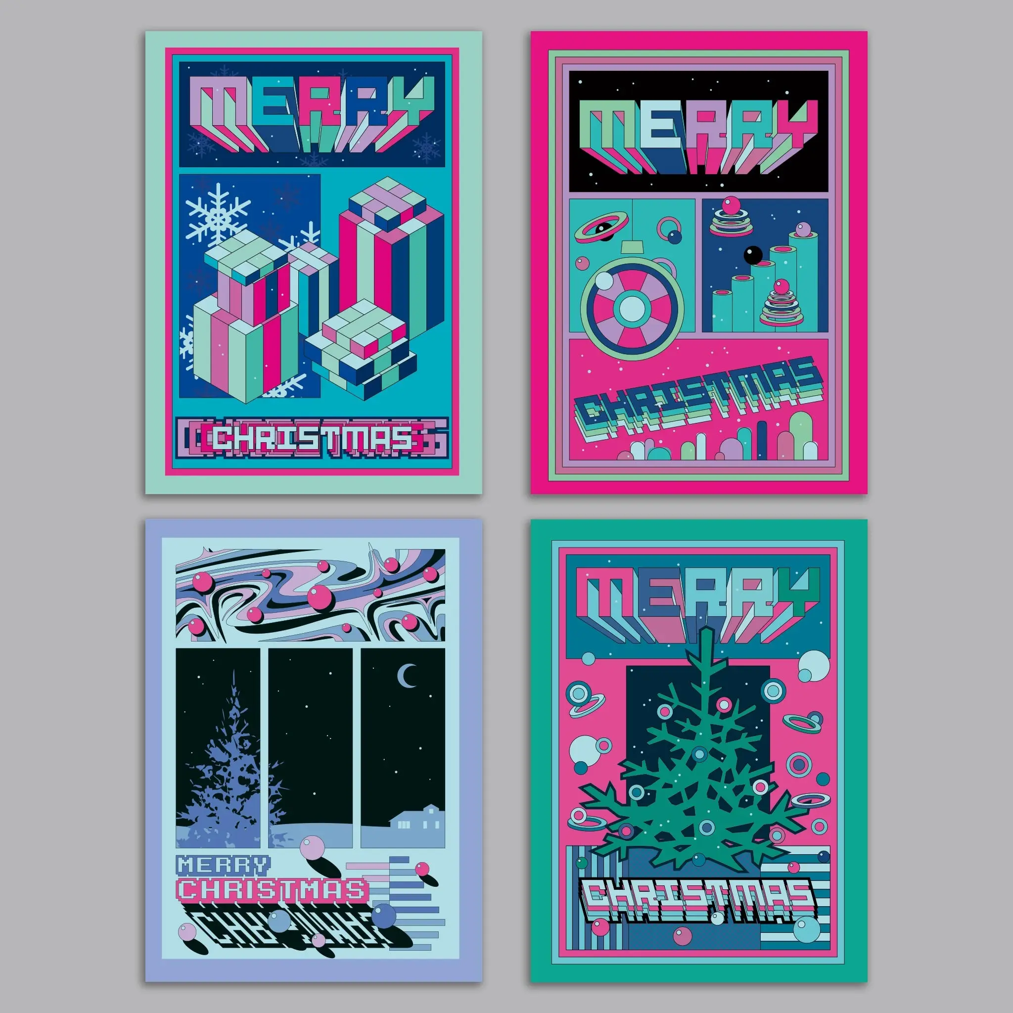 Retro 80s Christmas Cards, Set of 24