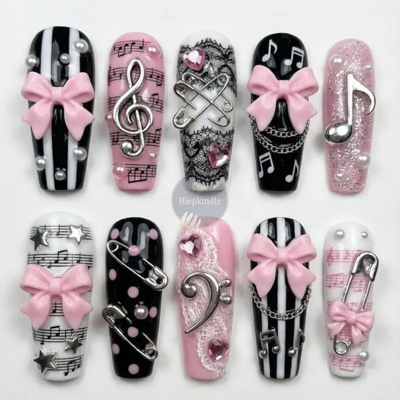 J44 Nailed by Vibe -Music Bow Press-On Nails, 3D Pink Ribbon & Note Charms, Black White Piano Stripes, Silver Chain Details, Cute Punk Handmade Nail Art Set, Gift for Her