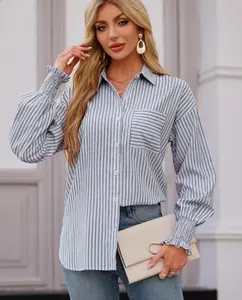 Womens Button Down Shirts Striped Smocked Cuff Long Sleeve Blouses with Pocket Casual Collar Office Work Tops