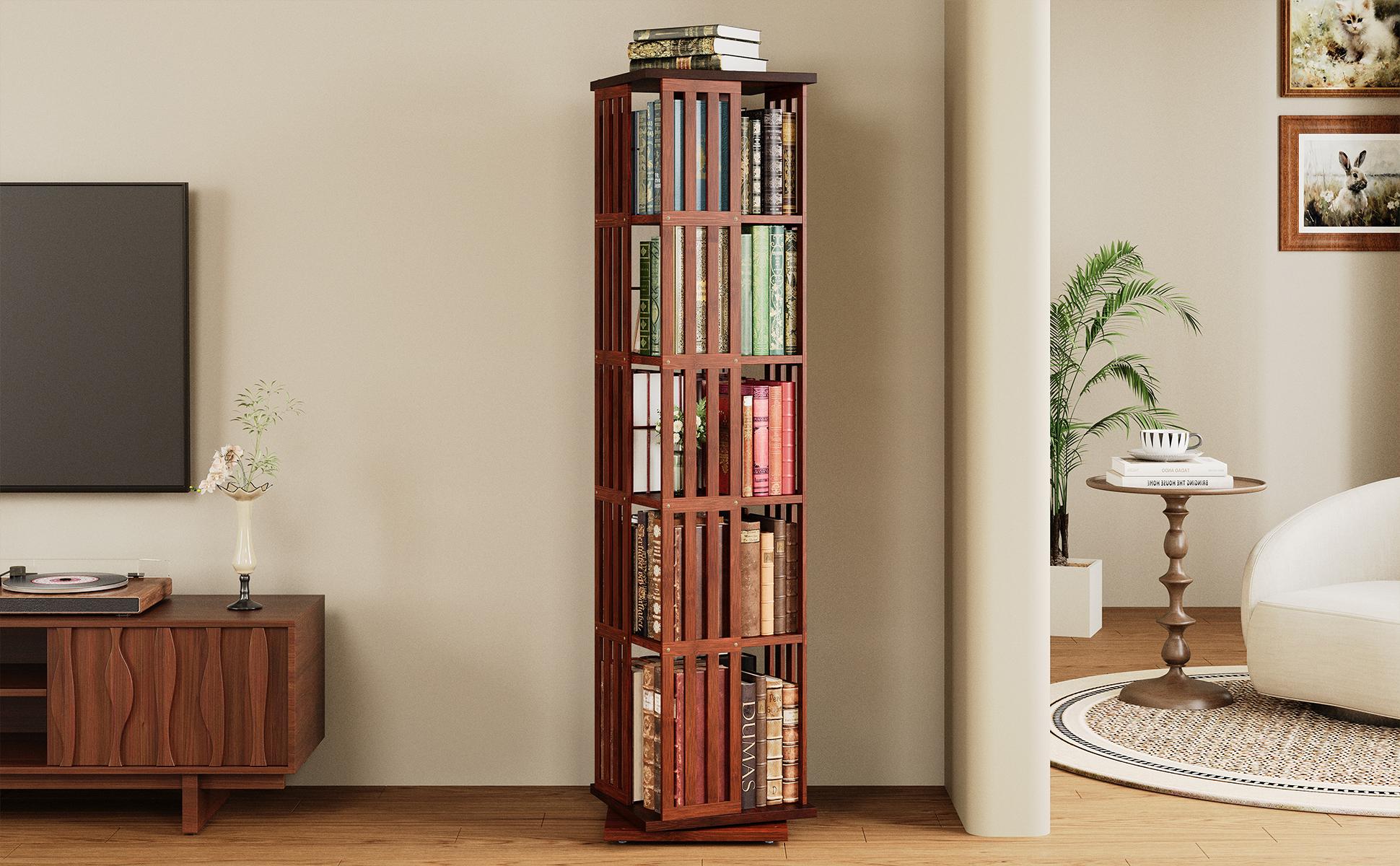 IRONCK 360° Rotating Bookshelf Tower, 5-Tier Spinning Display Storage Shelves 60 in Tall Bamboo Bookcase for Office, Living Room, Bedroom