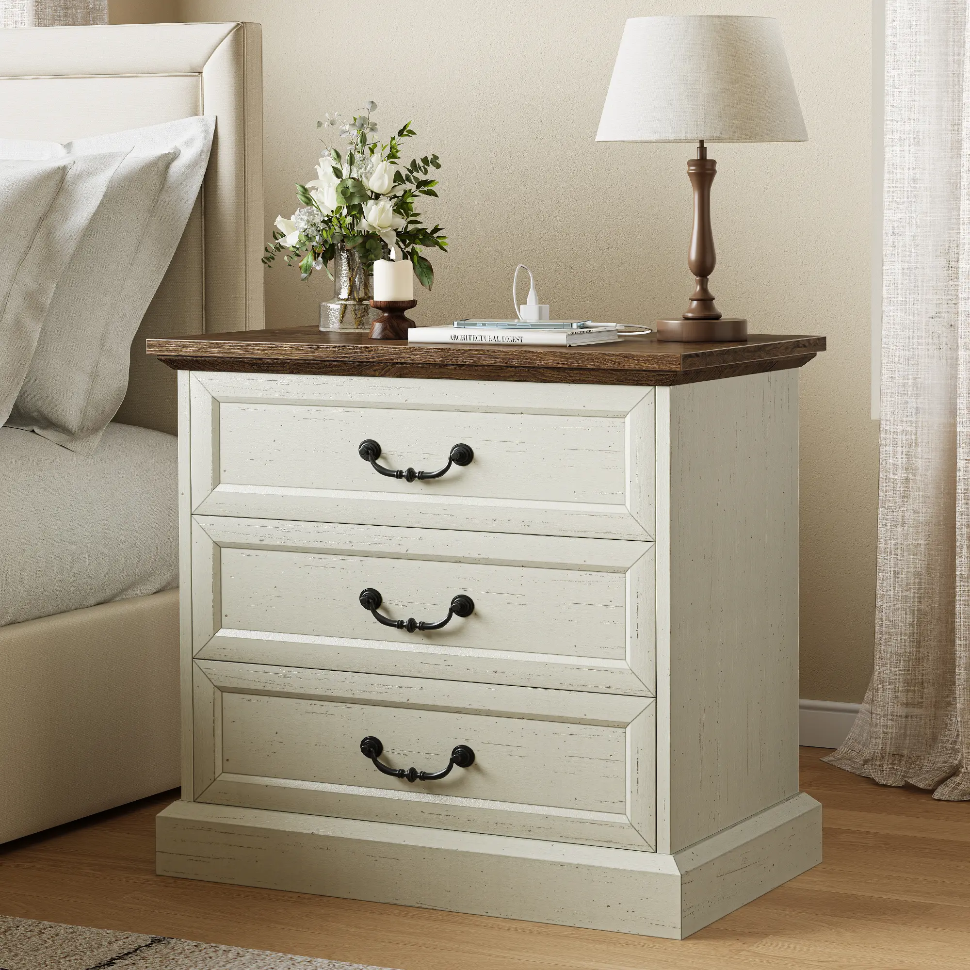 Huuger Farmhouse 3-Drawer Nightstand with Drawers & Charging Ports, 22-in Wide Bed Side Table with Engineered Wood, Vintage Handles, Thick Base & Easy Setup for Bedroom