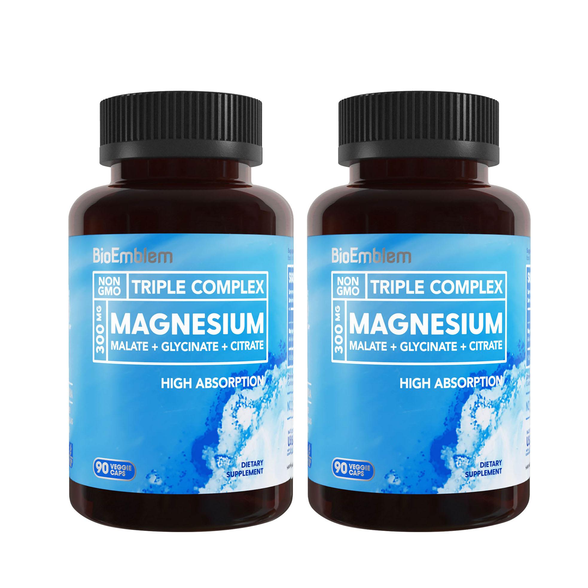 BioEmblem Triple Magnesium Complex 300mg of Magnesium Glycinate, Malate, & Citrate for Muscles, Nerves, & Energy Vegan,