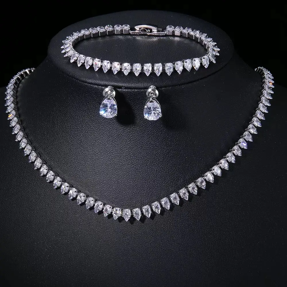 Elegant Teardrop Crystal Bling Jewelry Set - Sparkling Costume Necklace, Bracelet, Earrings for Weddings, Galas, Bling Jewelry Sets, Set Jewelry Sets