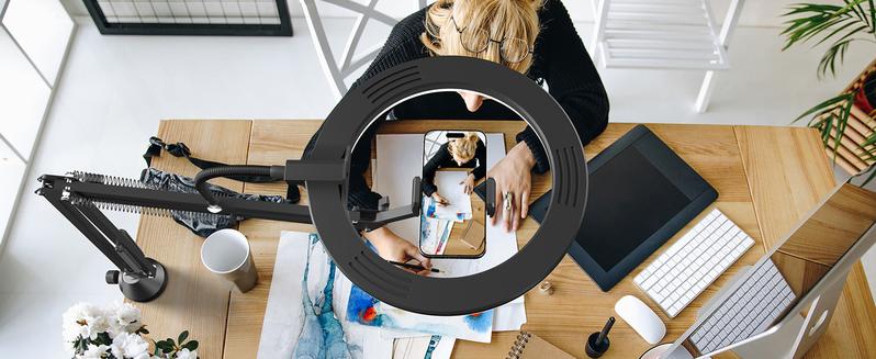 TONOR 10" Overhead Ring Light Kit, Boom Arm & Phone Holder, Adjustable Angle for Recording, Live Stream, Makeup & Nail Art
