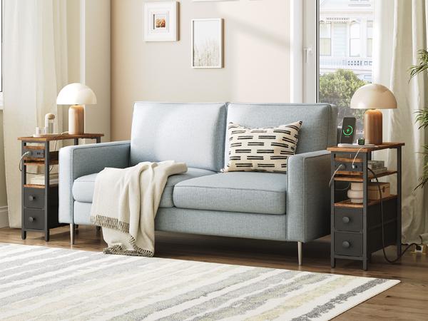 HOOBRO End Table with Charging Station, (Set of 2) Narrow Side Table with Fabric Drawers, Slim Nightstand with Storage, Thin Bedside Table, Compact Sofa Table for Living Room, Bedroom, Small Spaces, Rustic Brown and Black