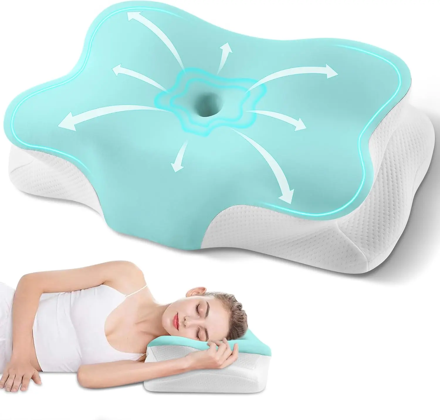 Contoured Memory Foam Cervical Neck Pillow - Ergonomic Cooling Neck Rest Cushion, Orthopedic Support Pillow with Removable Pillowcase for Side, Back Sleepers, Pillow For Neck Pain, Shoulder Pain Relief