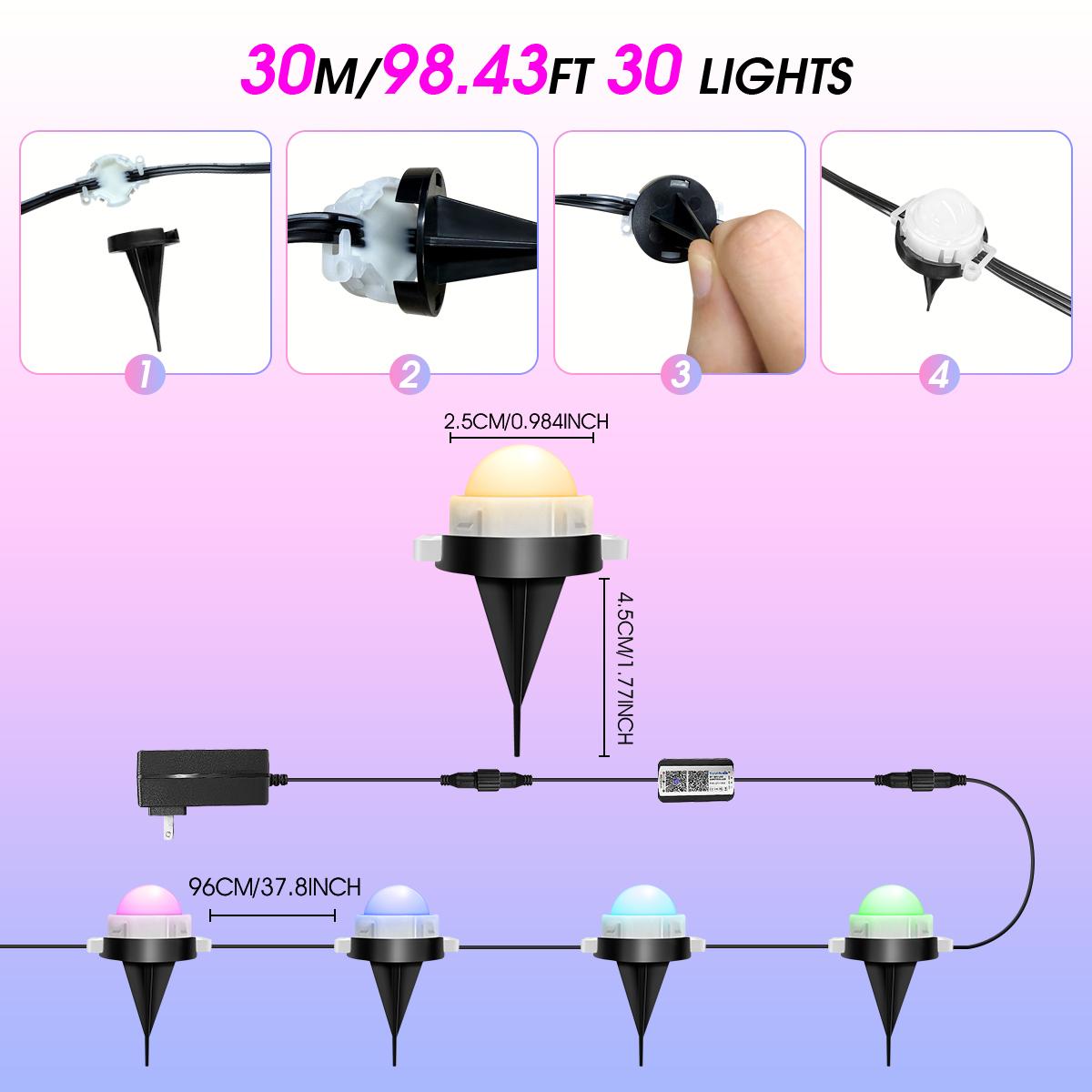 Customizable Ground Lighting 50ft/100ft/150ft RGB+IC Smart Path LightLight Outdoor Waterproof IP67 App and Remote Control with Music Sync 63 Color Changing Modes Timer Voice Control via Alexa for Lawn Garden Patio Yard Decoration