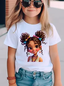 NYDX6087 Girls' Short-Sleeve T-Shirt, Summer Fashion Casual Top, Double Ponytail Girl Cartoon Print, with Earrings