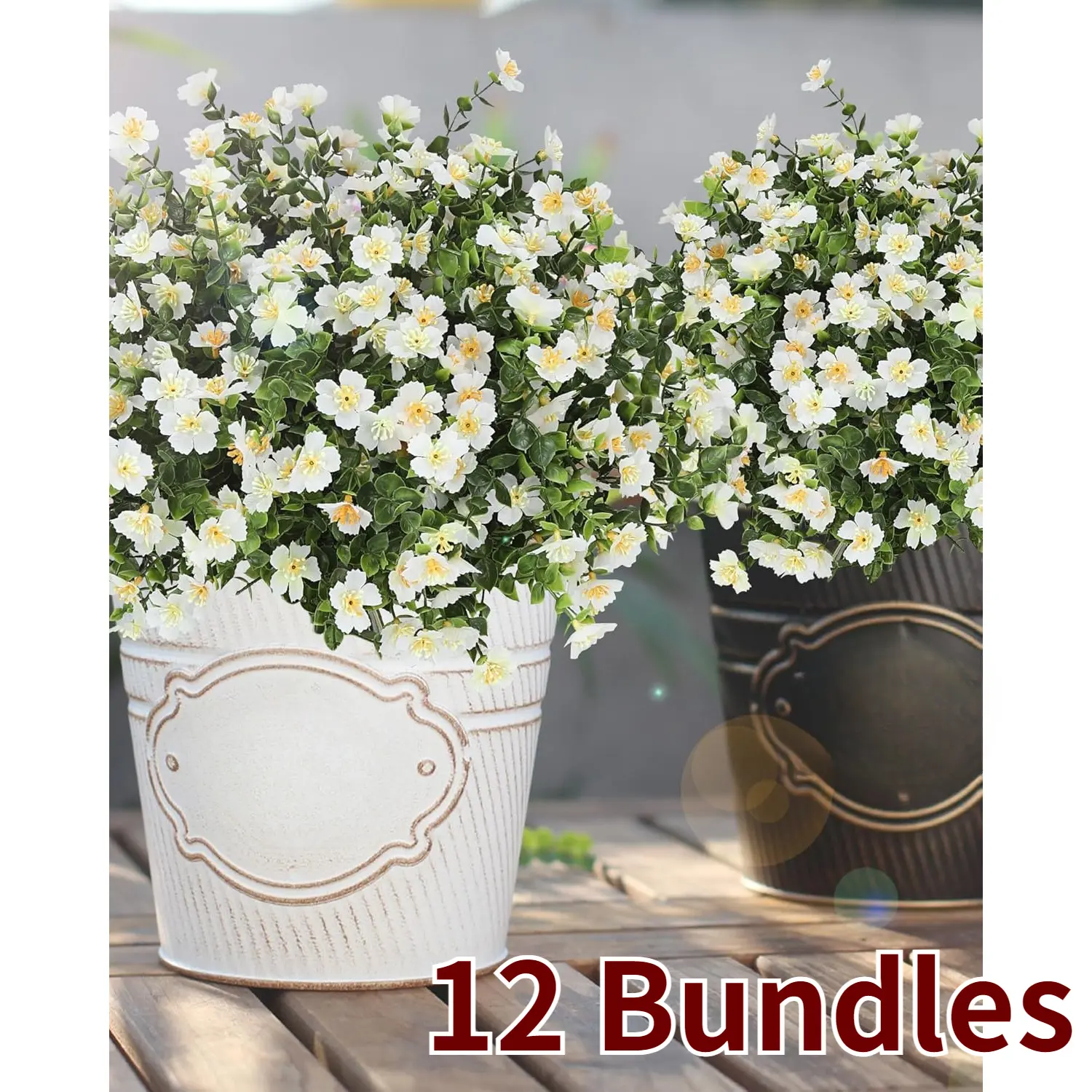 Luxury Silk-Textured Plastic Faux Greenery Flowers Set (6Pcs/10Pcs/12Pcs), 13.8in White Non-Fade Plants for Home Garden Wedding Hanging Display (Watering No Longer Needed, Indoor-Outdoor Use)