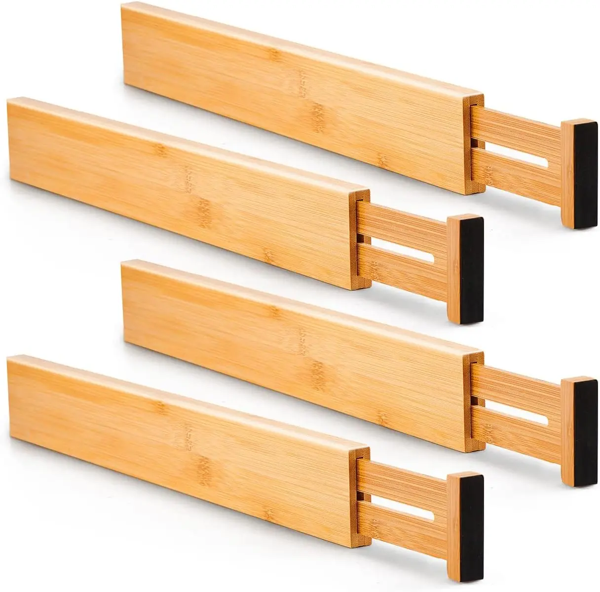 Natural Bamboo Adjustable Drawer Dividers (13.25-17 in, Requires 2.35 in Deep Drawer) - Smooth Kitchen Organizers, 4 Dividers with 9 Inserts for Craft Organization, Home Use, Clothing Organization
