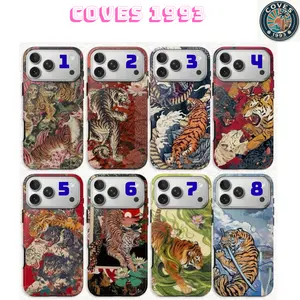 [Free Gift 5pc Sticker] Vintage Chinese Tigers Phone Case Cute Tiger Collage Japanese Traditional Art Print for iPhone 17 16 15 14 13 12 11 Pro Max Plus Dual Layer Protective Case