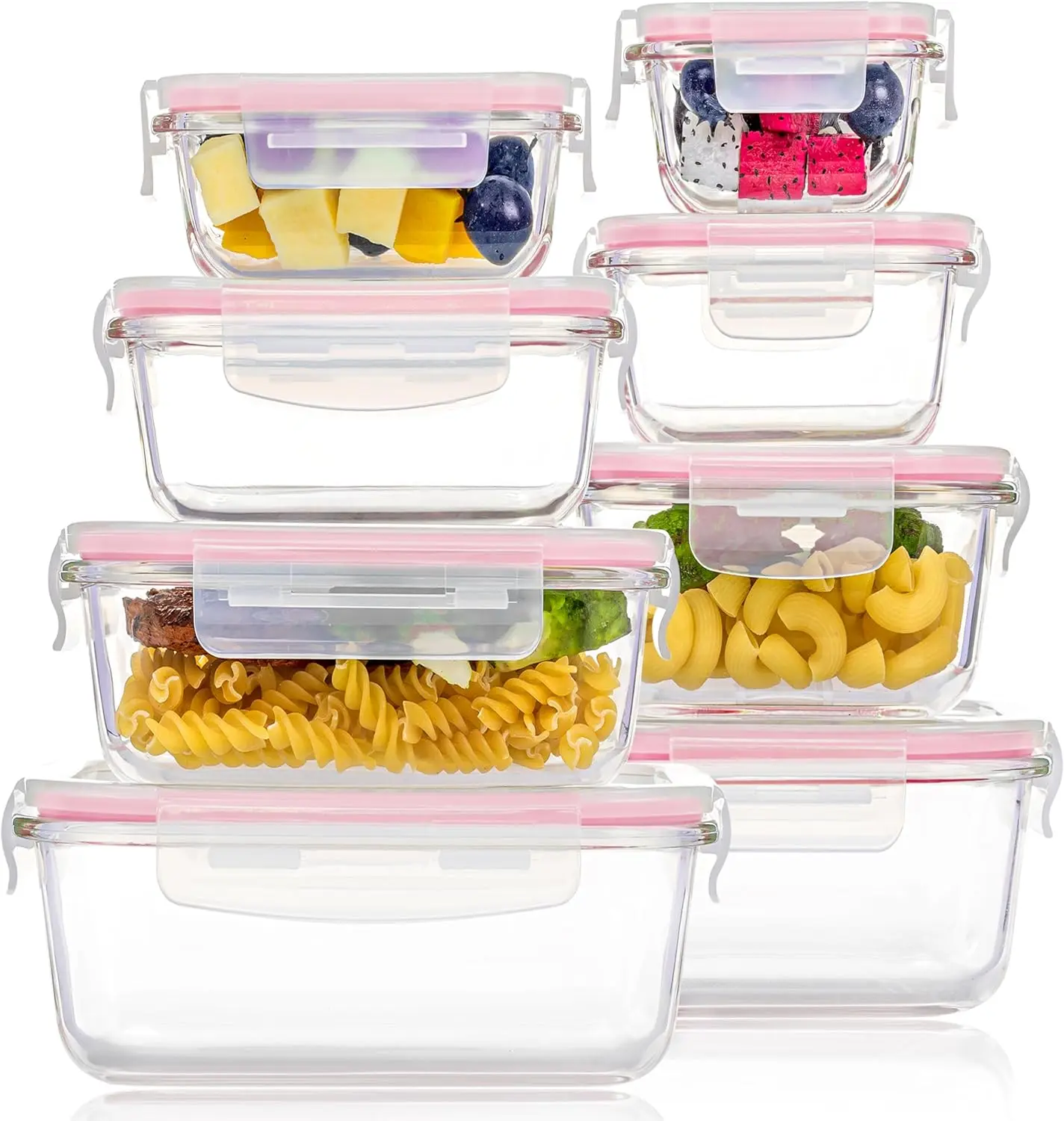 8-Pack Premium Borosilicate Glass Anti-Leak Food Storage Containers - Stackable Square & Rectangular, Airtight Seal Lids, Oven/Microwave/Freezer Safe, High-Temperature Durable Kitchen Supplies for Preserving Freshness