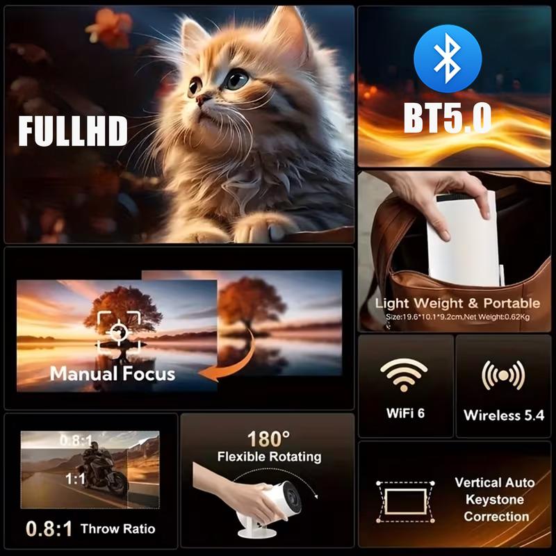 Projector with WIFl 6 and Bluetooth support, HD supportportable projector, 180 rotatable 130 "screen movieprojector, automatic keystone correction, compatible with laptop, PC, smartphone (white) audio automatic cableHDMl speaker Wireless Android